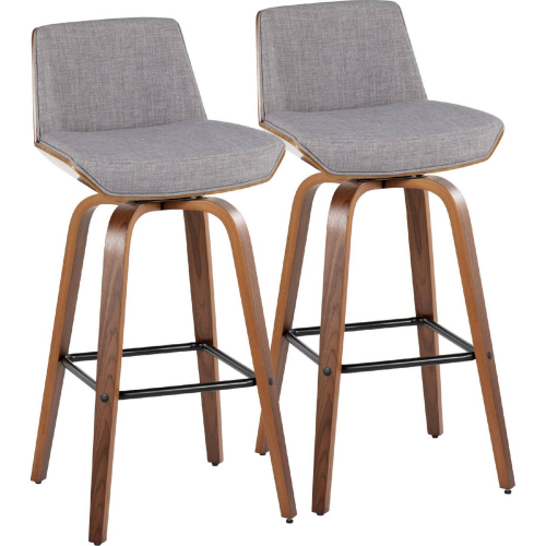 Corazza 30" Swivel Bar Stool in Walnut Wood & Light Grey Fabric w/ Black Footrest (Set of 2)